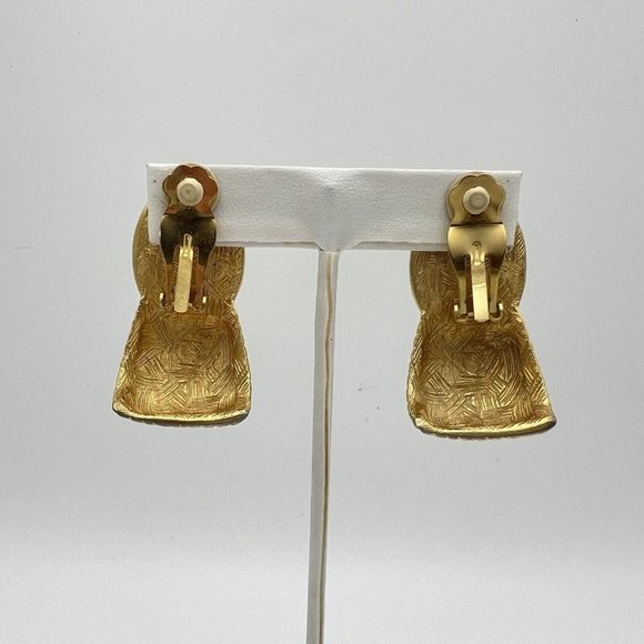 Vintage 80s Gold Curved Large Black Cabochon Statement Clip On Earrings - Picture 7 of 10